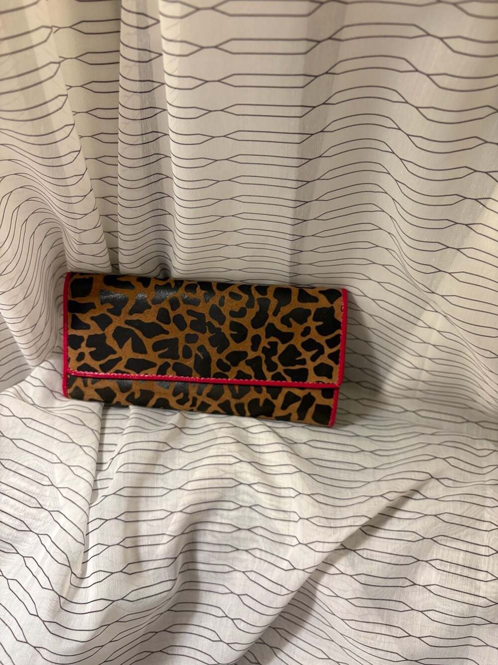 Genuine Leather Leopard Print Long Wallet with Hot Pink Trim